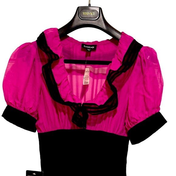 Bebe NWT Size M Pretty Pink Purple Black Silk High Waisted Ruffled Dress. (0573) - Picture 3 of 16